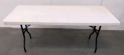 6ft Folding Banquet Table, White Plastic Top, Black Steel Legs, Seats 6-8, 72"x30", Lightweight