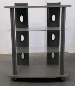 3-Shelf Black Glass AV Component Stand with Cable Management, Metal & Wood Frame, 40"x32"x16"