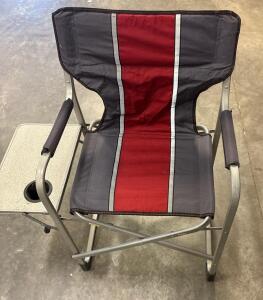 Folding Director's Chair, Gray & Red, Aluminum Frame, Side Table With Cup Holder, Padded Arms