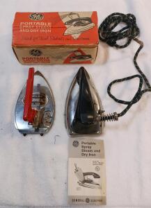 Vintage GE Portable Spray Steam & Dry Iron Cat. No. F47 w/ Goldenbell 110V Travel Iron, Box & Manual