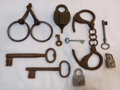 Antique Lock & Key Collection w/ Shackles, Handcuffs, Padlocks, Comet Rustless, 10-piece Set