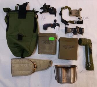 USGI Military Surplus Gear Lot: Night Vision Goggle Mounts, Flashlight, Canteen Cup, Holster, Pouch, FAK Inserts