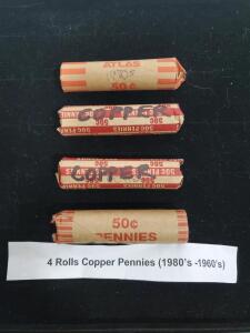 Four Rolls US Copper Pennies 1960s&ndash;1980s, 200 Coins, Pre-1982, ATLAS Wrappers