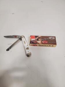 Case Trapper Folding Knife, Christmas 2008, White Handle, 2 Blades, Boxed, USA