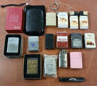Vintage Zippo, Camel, and Winston Lighter Collection with Rarities, Hand Warmer, 17 Items