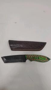 Custom Fixed-Blade Tanto Knife, 4.5" Blade, G10 Handle, Brown Leather Sheath, Mosaic Pin