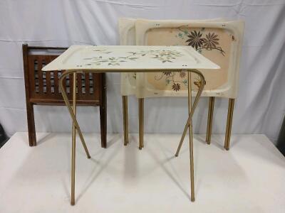 Vintage Midcentury Metal Folding TV Trays Set of 3 with Floral/Bird Designs and Wood Stand