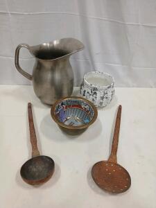 Vintage Kitchenware Lot - Brass Hong Kong Enamel Bowl, Hand-Hammered Copper Utensils, Pitcher