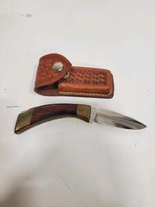Folding Pocket Knife, 3.75" Blade, Wood & Brass Handle, Leather Sheath Included