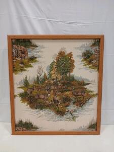 Framed Vintage Wildlife Textile Art 24"x24" &ndash; Deer, Bears, Fish, Forest Scene, Wood Frame