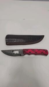 Custom Damascus Pattern Fixed-Blade Knife, Red G10 Handle, Leather Sheath, Drop Point, 8-Inch