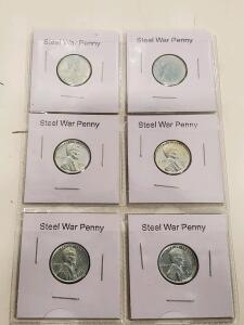 Set of Six 1943 Steel Lincoln Wheat Pennies, U.S. WWII, 1 Cent Steel Zinc-Coated Coins