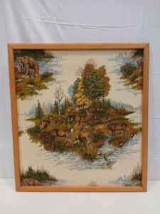 Large Framed Woodland Needlepoint Art &ndash; Deer & Bear Scene, 32x32", Vintage Style, Wood Frame