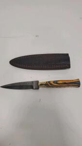 Damascus Fixed Blade Knife, 4.5" Blade, Swirled Wood Handle, Leather Sheath, Full Tang