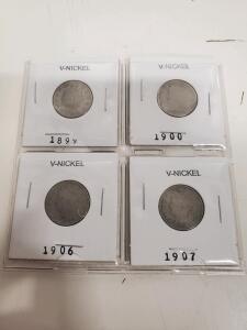 (4) Liberty Head V Nickels - 1899, 1900, 1906, 1907