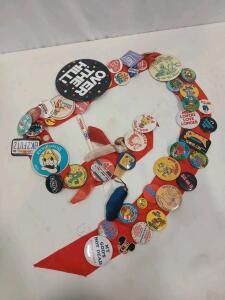 Vintage 1970s-80s Pinback Button Collection on Red Sash - Disney, Music, Cartoons, Slogans, 32pcs
