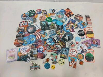 Large Lot of 80 Pin-Back Buttons & Pins &ndash; Disney, Movie Promos, Slogans, Politics, 1990s&ndash;2000s