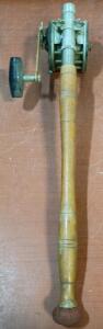 Vintage Fishing Hand Reel, Wooden Handle, Metal Clamp, 16 Inch, Includes Braided Line
