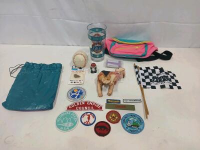 Vintage Utah Jazz Glass, 80s Fanny Pack, Boy Scouts Patches & Collectibles Mixed Lot