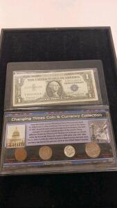Changing Times Coin & Currency Set &ndash; Series 1957B $1 Silver Certificate, Wheatback Penny, Silver Dime