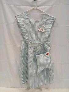 American Red Cross Volunteer Nurse Uniform Apron & Cap, Blue White Stripe, 1950s-70s + Badge