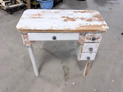 Vintage Shabby Chic Wooden Desk with 4 Drawers, White Distressed Finish, Decorative Knobs