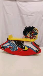 Vintage Gay Toy Wooden Rocking Horse &ndash; 1960s-1970s, Folk Art, Multicolor, Yarn Mane, USA Made