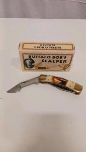 Buffalo Bob's Scalper Folding Pocket Knife, Stag Handle, Brass Bolster, Boxed, Clip Point Blade