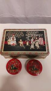 Vintage Daher Chinoiserie Tin Set &ndash; Rectangular & Round Metal Storage Tins Asian Motif England