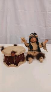 Jean Lee Native American Porcelain Doll Limited Edition w/ Drum, COA, 12&ndash;14"