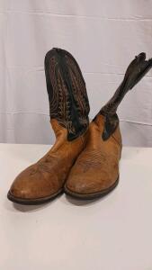Tony Lama Western Cowboy Boots, Brown & Black Leather, Embroidered Shaft, Size Not Marked