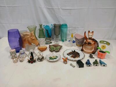 Large Mixed Lot Vintage Glass Vases, Animal Figurines, Souvenir Stein, Novelty Collectibles