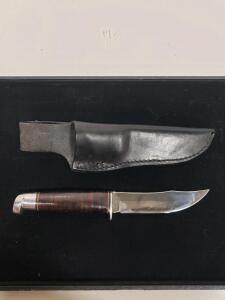 Stacked Leather Handle Fixed Blade Hunting Knife, 4" Stainless Blade, Leather Sheath