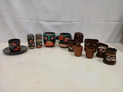 Retro Tiki Barware &ndash; 12 Pc Ceramic Mugs, Shot Glasses, Salt & Pepper Shakers, Cup & Saucer