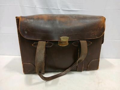 Vintage Leather Briefcase, 3 Compartments, Brass Lock, Dark Brown, Damaged Strap, Circa 1950s