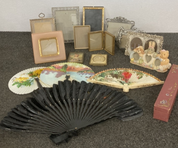 Assorted Small Picture Frames & Oriental Fans