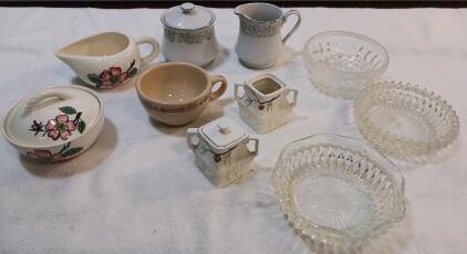 Vintage Franciscan Desert Rose, Pfaltzgraff Pinecone, Noritake Creamer & Sugar Bowl Set + Glass Bowls