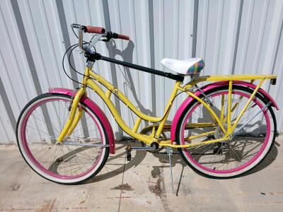 Schwinn Clairmont Cruiser Bicycle, 26" Wheels, Step-Through Frame, Pink & Yellow, Rear Rack