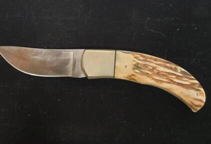 Browning Folding Knife Stag Handle Lockback, 3.25" Blade, Brass Bolster, Japan