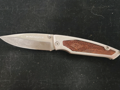 Winchester Folding Pocket Knife, Drop Point, Stainless Blade, Wood Inlay Handle, Thumb Stud