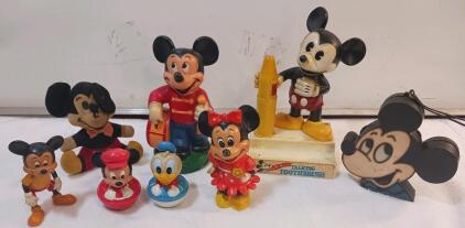 Vintage Disney Mickey Mouse Talking Toothbrush Holder, Lamp, Lot of 8 Figures 1960s&ndash;1980s
