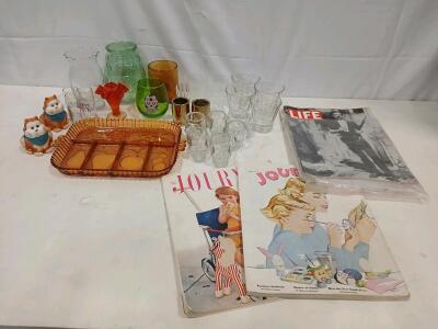 Vintage 1949&ndash;1964 Magazine Set & Mid-Century Amber Glassware, Skull Shot Glasses, Cat Shakers