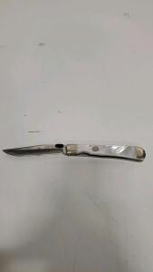 Three Brand Folding Pocket Knife, Stainless Blade, Pearl Handle, Pakistan, ~8" Open, Medallion
