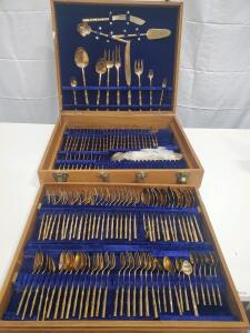 Nickel Bronze Bamboo Flatware Set, 73 Pieces, Gold-Tone Finish, Wood Case, Vintage Mid-Century