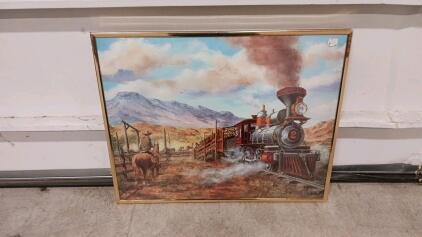 Framed Western Steam Train & Cowboy Ranch Color Art Print, Gold Frame, Americana Decor, 24"x20"
