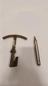 Antique Cast Iron T-Handle Valve Key & Ornate Brass Plumb Bob Survey Tool, 8-10&rdquo; Length, c. 1900-1950