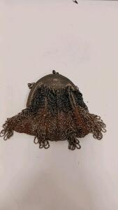 Antique 1920s Beaded Evening Purse, Silver Filigree Frame, Glass Bead Fringe, Kiss-lock Clasp