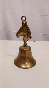 Brass Hand Bell with Horse Head Handle, 7" Tall, Ornate Decorative Table Bell