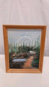 Framed "Cabin in the Rockies" Original Painting by Grace Wehr, Cabin Landscape, 16x20 in