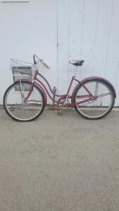 Vintage Cruiser Bicycle, Step-Through Frame, 26&rdquo; Wheels, Burgundy, Front Basket, Fenders